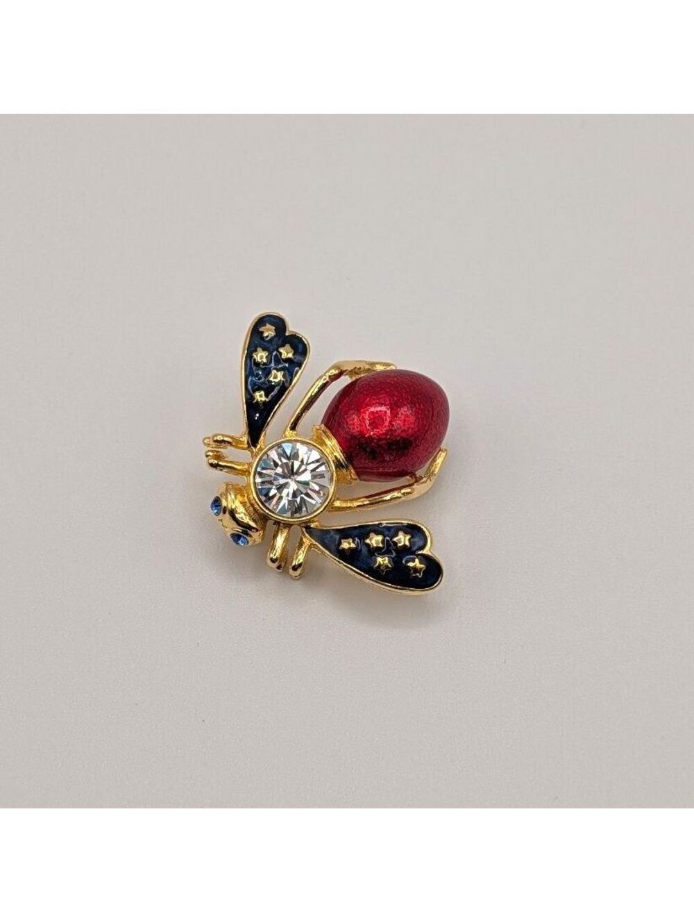 Vintage Red, White & Blue Bee Brooch with Rhinestone Accents